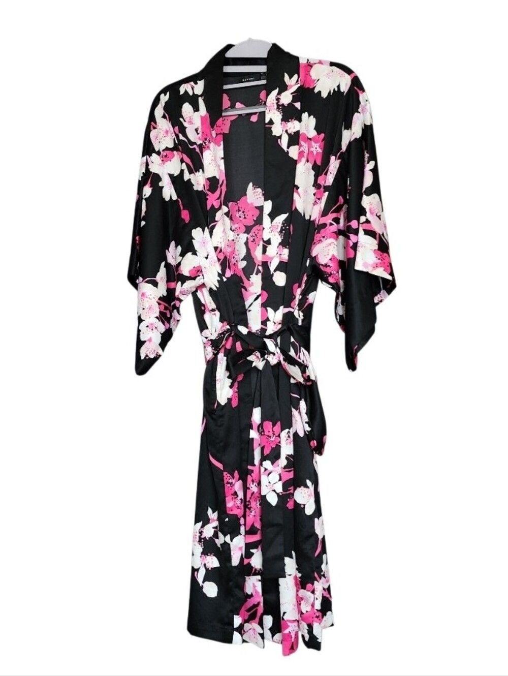 Natori Black Satin Kimono Robe with Pink & White Floral Print